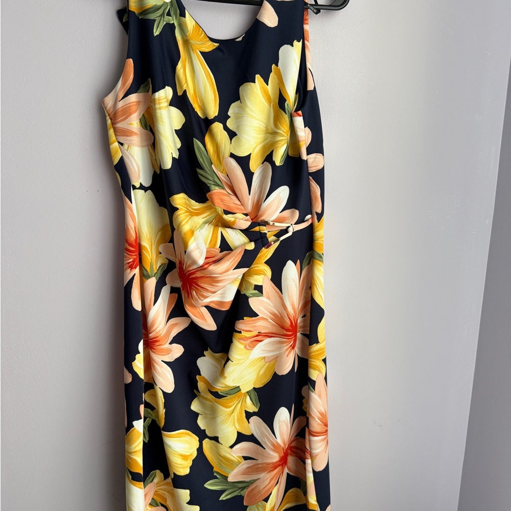 Bold Floral Design on Navy Sleeveless Dress.